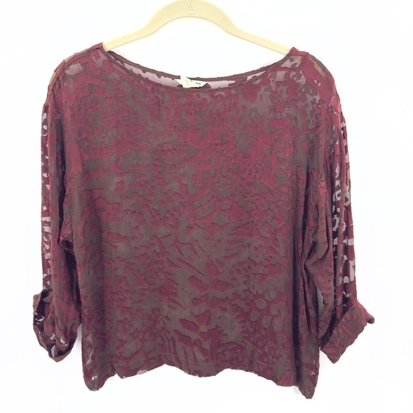 Club Monaco Womens Velvet Burnout Top Size XS Burgundy Red 3/4 Sleeve Whimsigoth - Picture 1 of 8